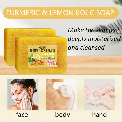 1pc XIOIMY Turmeric & Lemon Kojic Soap Bar, 3.527oz, Unisex-Adult, Alcohol-Free, Moisturizing, Deep Cleansing, Vitamin C Enriched, Lemon Scented, Suitable for All Skin Types