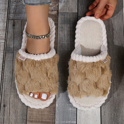 Colorblock Faux Fur Slippers, Casual Slip On Plush Lined Shoes, Comfortable Indoor Home Slippers