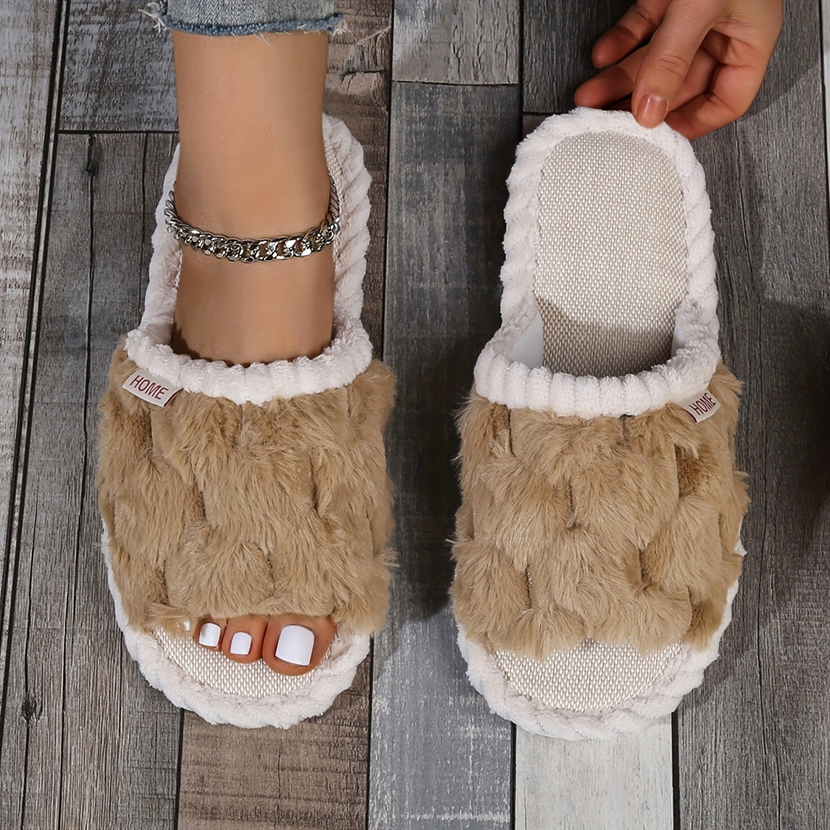 Colorblock Faux Fur Slippers, Casual Slip On Plush Lined Shoes, Comfortable Indoor Home Slippers
