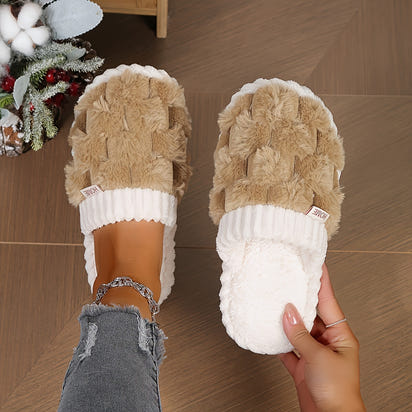 Colorblock Faux Fur Slippers, Casual Slip On Plush Lined Shoes, Comfortable Indoor Home Slippers