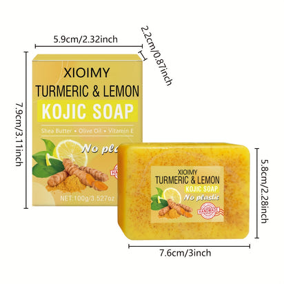 1pc XIOIMY Turmeric & Lemon Kojic Soap Bar, 3.527oz, Unisex-Adult, Alcohol-Free, Moisturizing, Deep Cleansing, Vitamin C Enriched, Lemon Scented, Suitable for All Skin Types