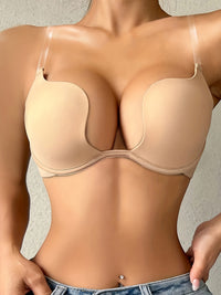 Low Plunge Push Up Bra With Clear Straps Low Cut Convertible Underwire Padded Cleavage Bra, Women's Underwear & Lingerie