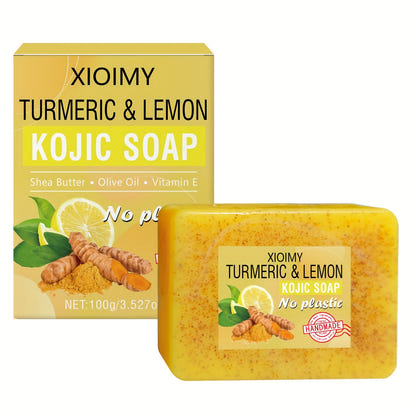 1pc XIOIMY Turmeric & Lemon Kojic Soap Bar, 3.527oz, Unisex-Adult, Alcohol-Free, Moisturizing, Deep Cleansing, Vitamin C Enriched, Lemon Scented, Suitable for All Skin Types