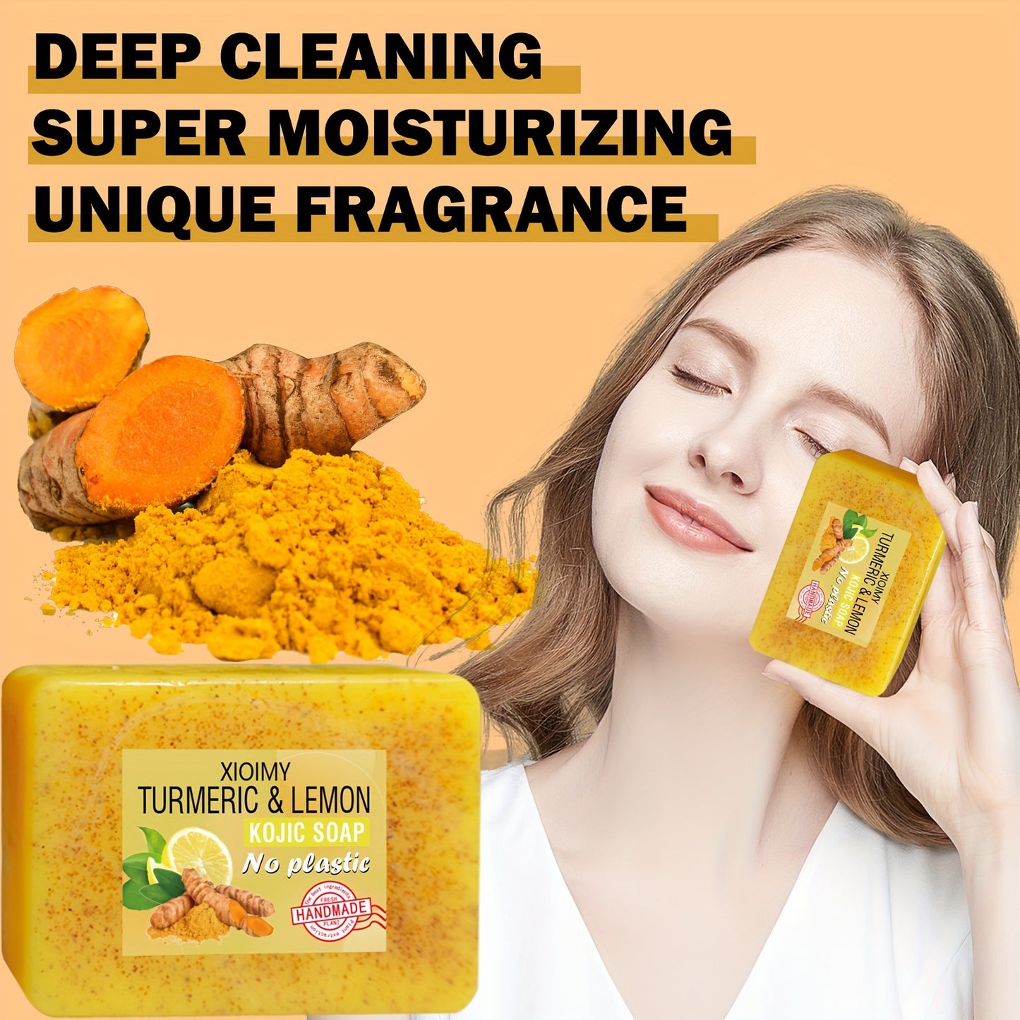 1pc XIOIMY Turmeric & Lemon Kojic Soap Bar, 3.527oz, Unisex-Adult, Alcohol-Free, Moisturizing, Deep Cleansing, Vitamin C Enriched, Lemon Scented, Suitable for All Skin Types