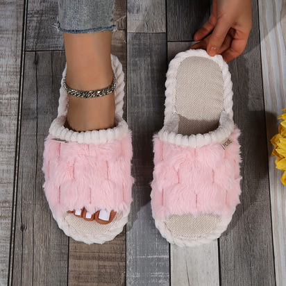 Colorblock Faux Fur Slippers, Casual Slip On Plush Lined Shoes, Comfortable Indoor Home Slippers